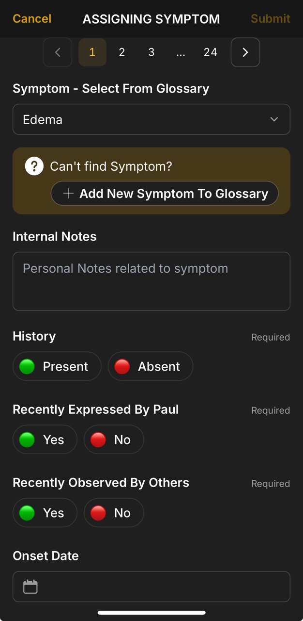 Symptoms Page (Assign Symptom)